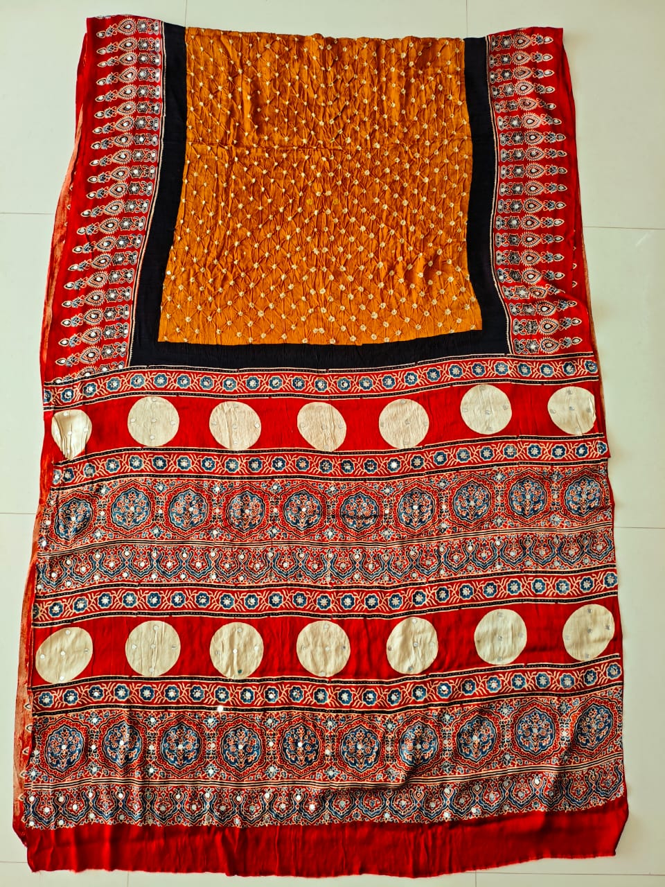 MIRROR WORK HAND BLOCK AJRAKH MODAL SILK SAREE WITH BLOUSE (CIV42)