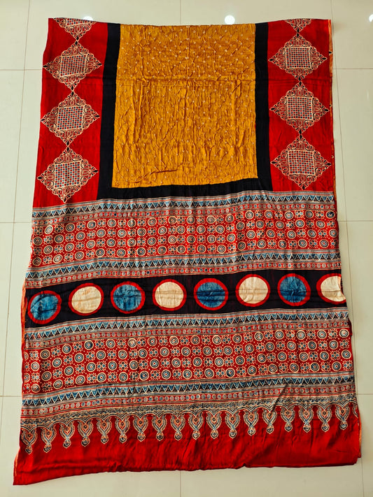 HAND BLOCK PRINTED BANDHEJ AJRAKH MODAL SILK SAREE (CIX24)