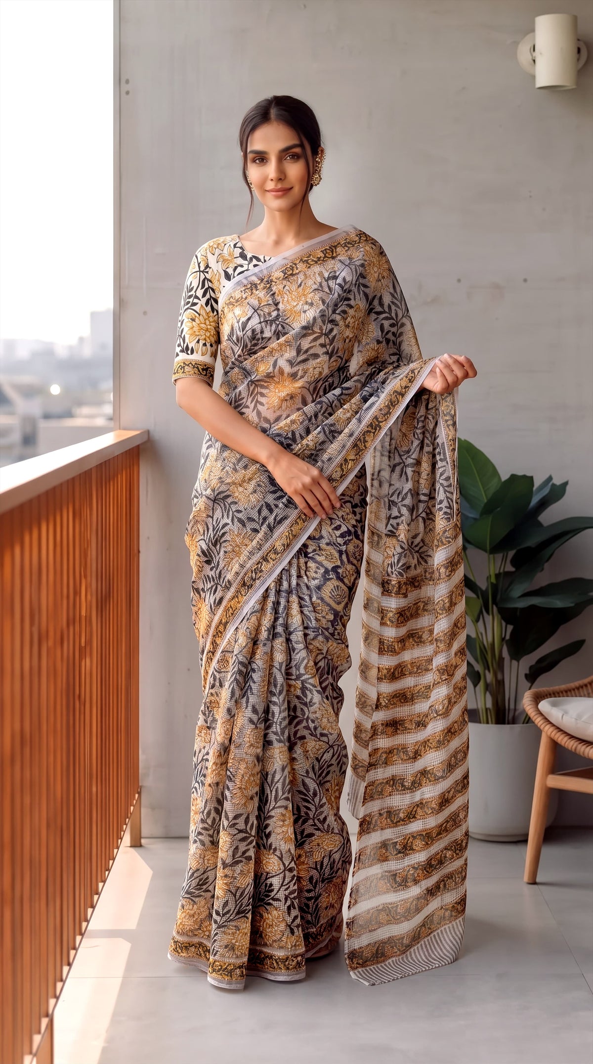 HAND BLOCK BAGRU PRINTED KOTA DORIYA SAREE WITH MULMUL BLOUSE (KDS167)