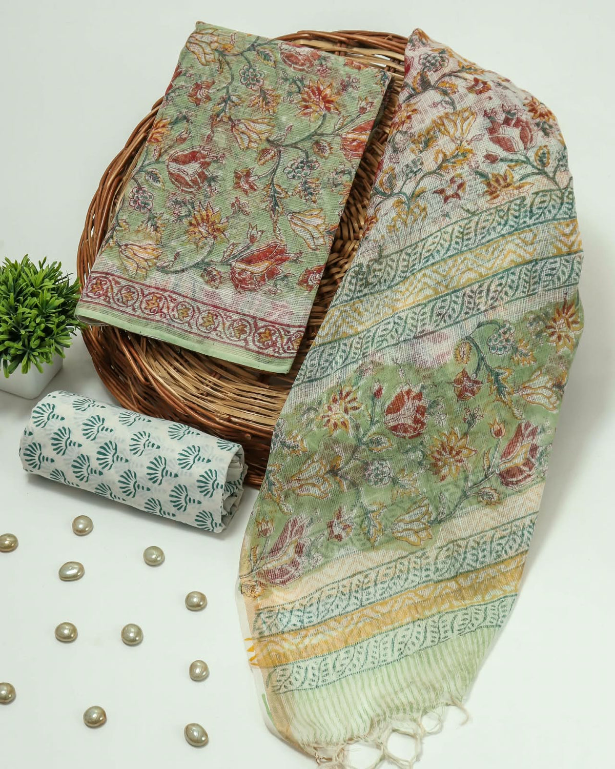 HAND BLOCK PRINTED KOTA DORIYA SUIT WITH KOTA DORIYA DUPPATA (FKS195)