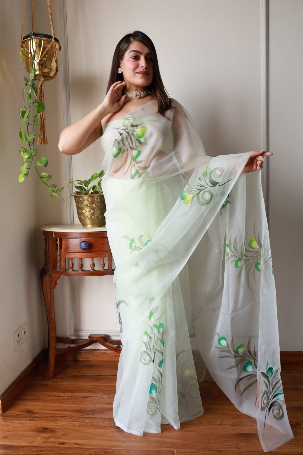 HAND BURSH PAINTED ORGANZA SILK SAREE WITH BLOUSE (CIB60)