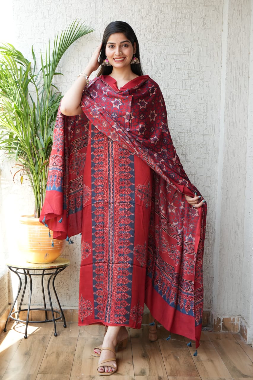 Vanaspati Ajrakh Hand Block Printed Suits Modal Silk Fabric (CIT13)