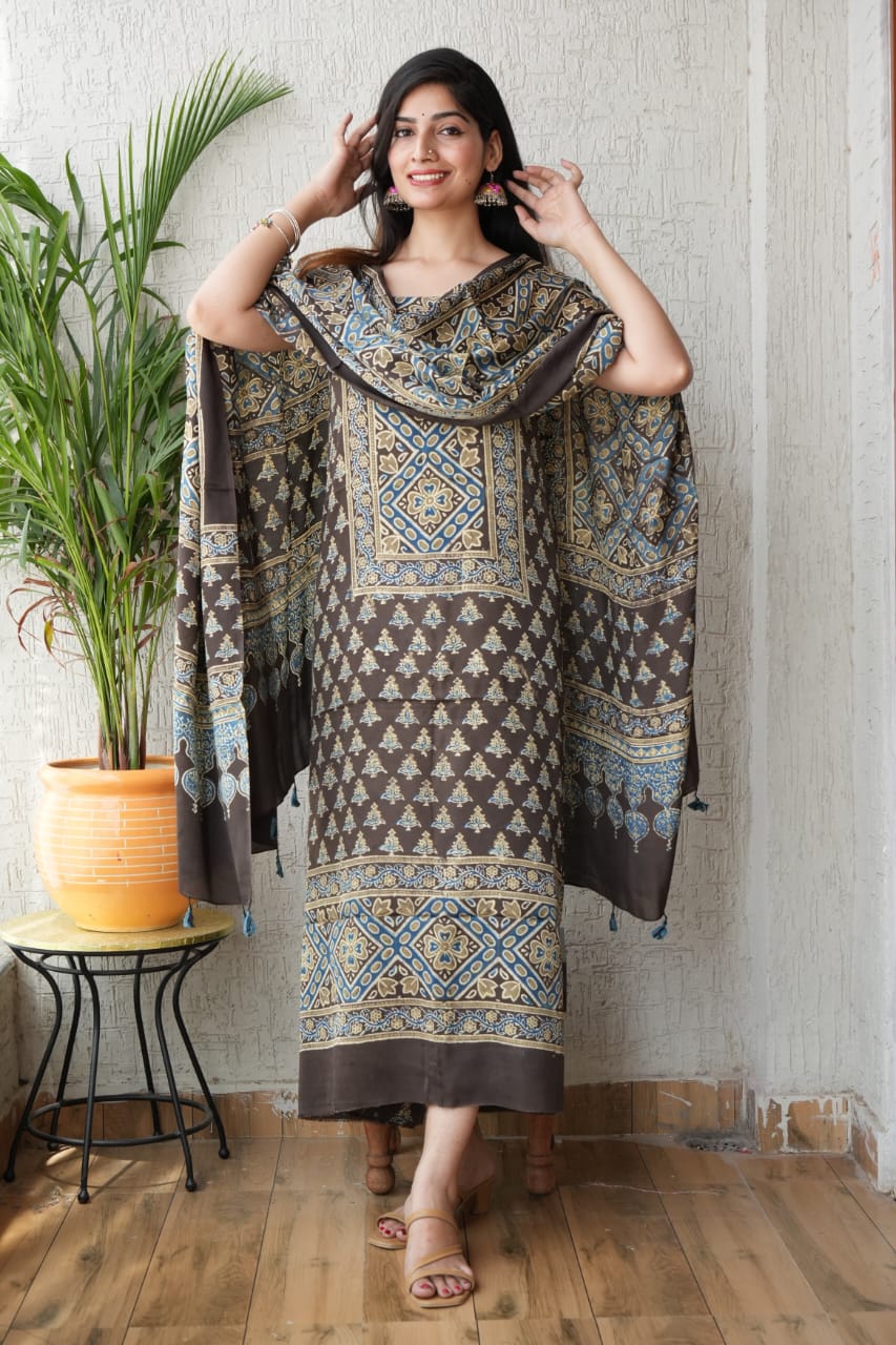 Vanaspati Ajrakh Hand Block Printed Suits Modal Silk Fabric (CIT14)