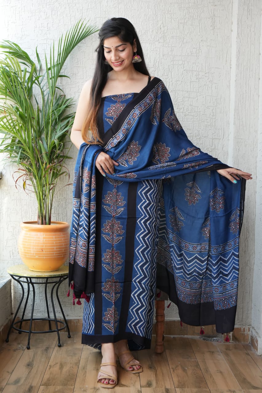 Vanaspati Ajrakh Hand Block Printed Suits Modal Silk Fabric (CIT11)
