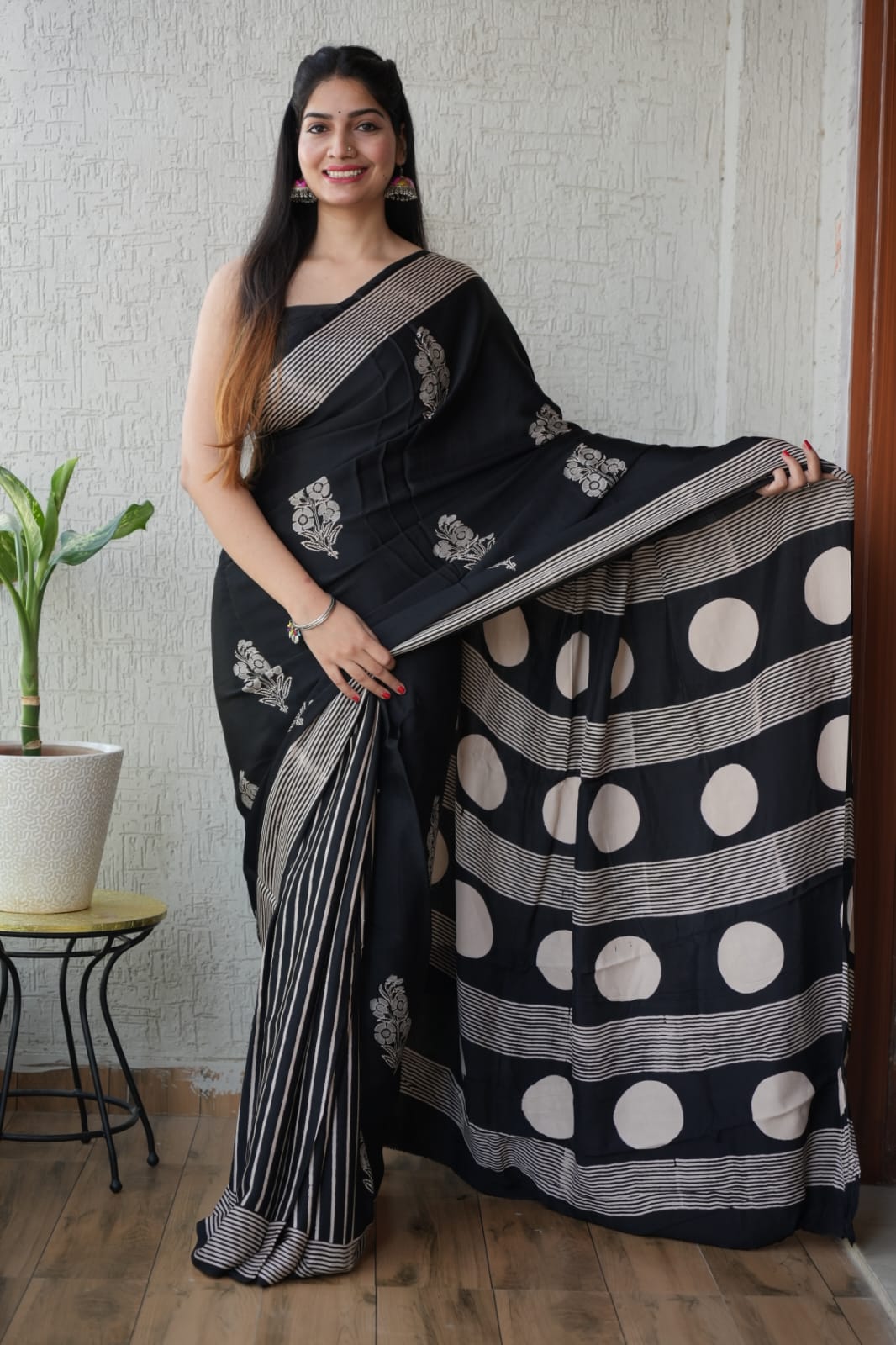 Ajrakh Hand Block Bagru Vanspati Printend Modal Silk Saree with Blouse (CID12)