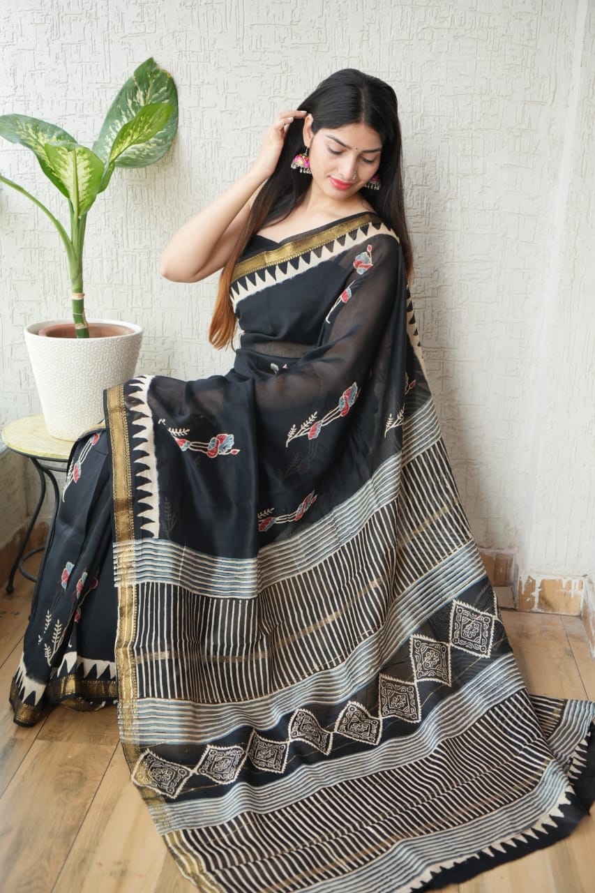 Jaipuri Hand Block Bagru Printed Maheshwari Silk Saree With Blouse (MSS119)