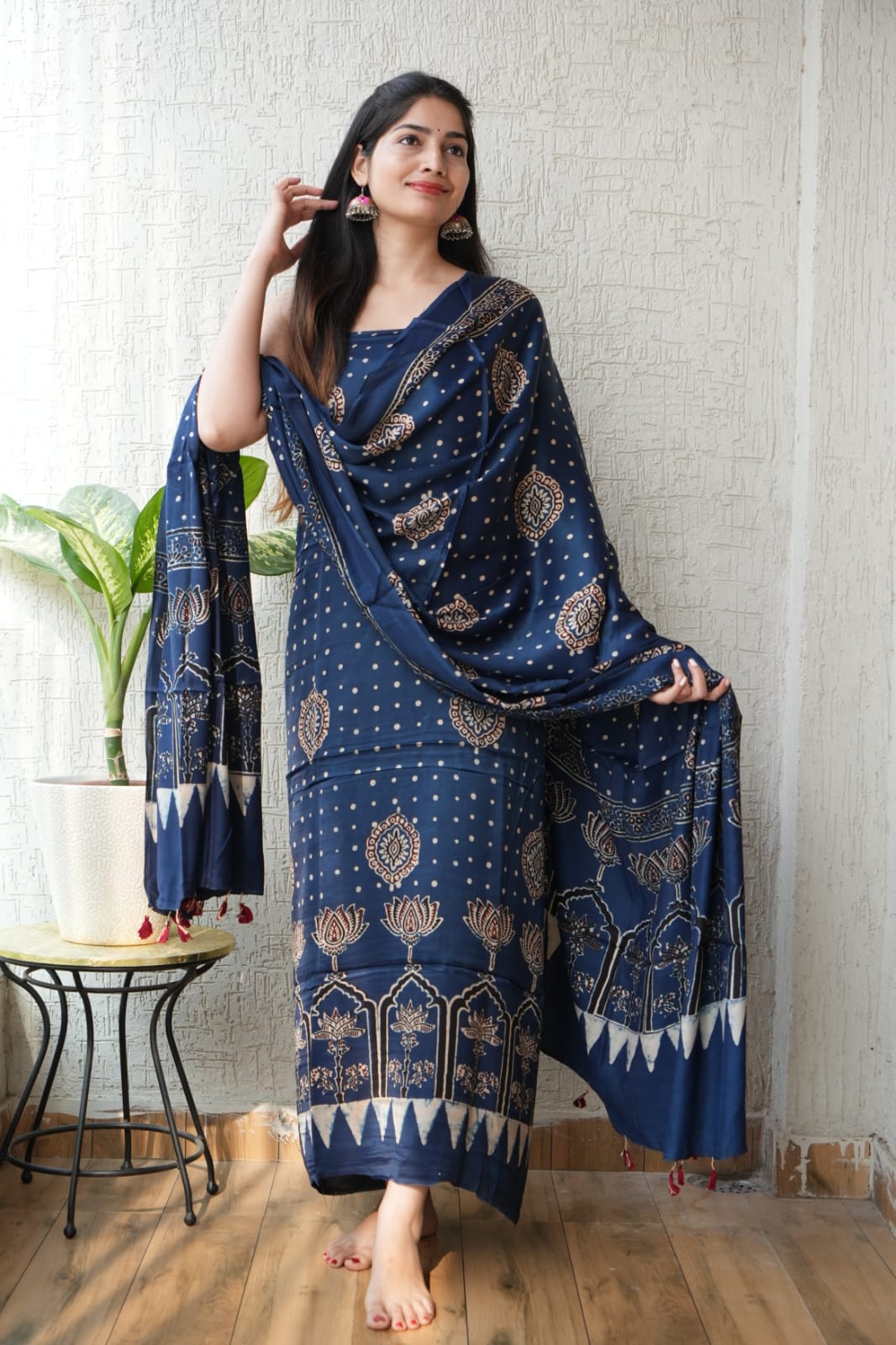 Vanaspati Ajrakh Hand Block Printed Suits Modal Silk Fabric (CIT42)
