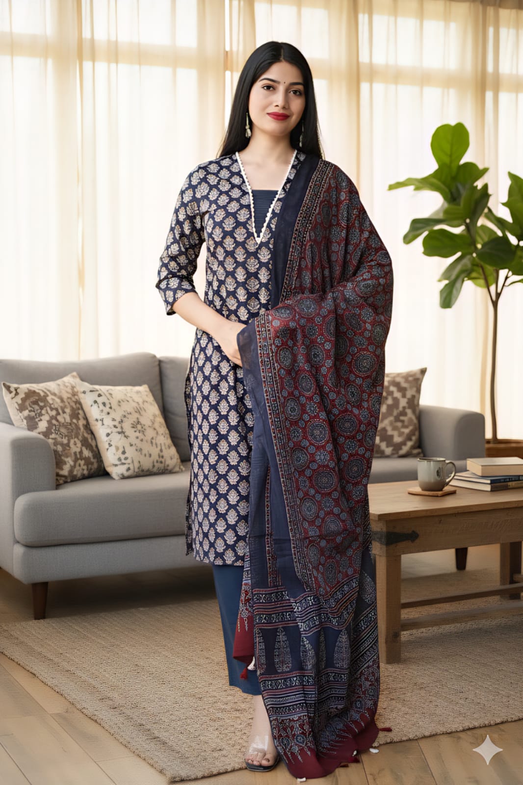 Ajrakh Printed "Stitched" Cotton Suits With Cotton Ajrakh Mulmul Dupatta (ASS6)