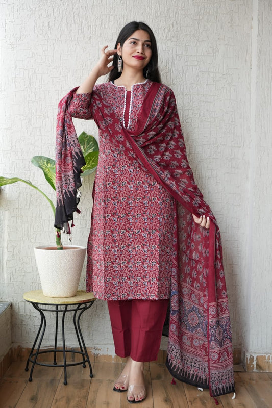 Ajrakh Printed "Stitched" Cotton Suits With Cotton Ajrakh Mulmul Dupatta (ASS11)