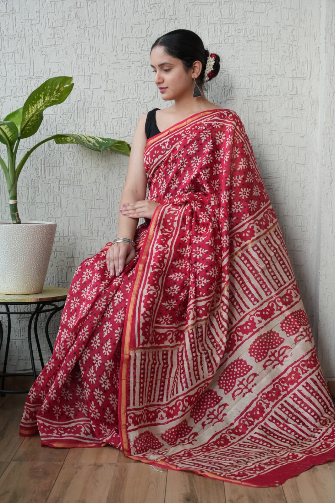 Bagru Hand Block Printed Chanderi Silk Saree with Blouse (CSS98)