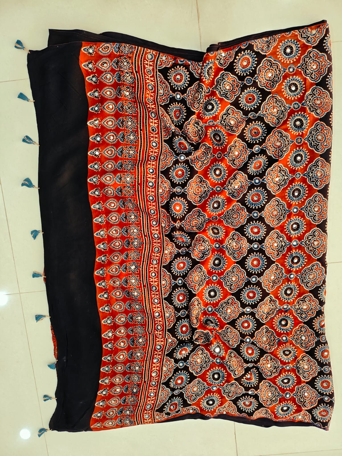 MIRROR WORK HAND BLOCK AJRAKH MODAL SILK SAREE WITH BLOUSE (CIV2)