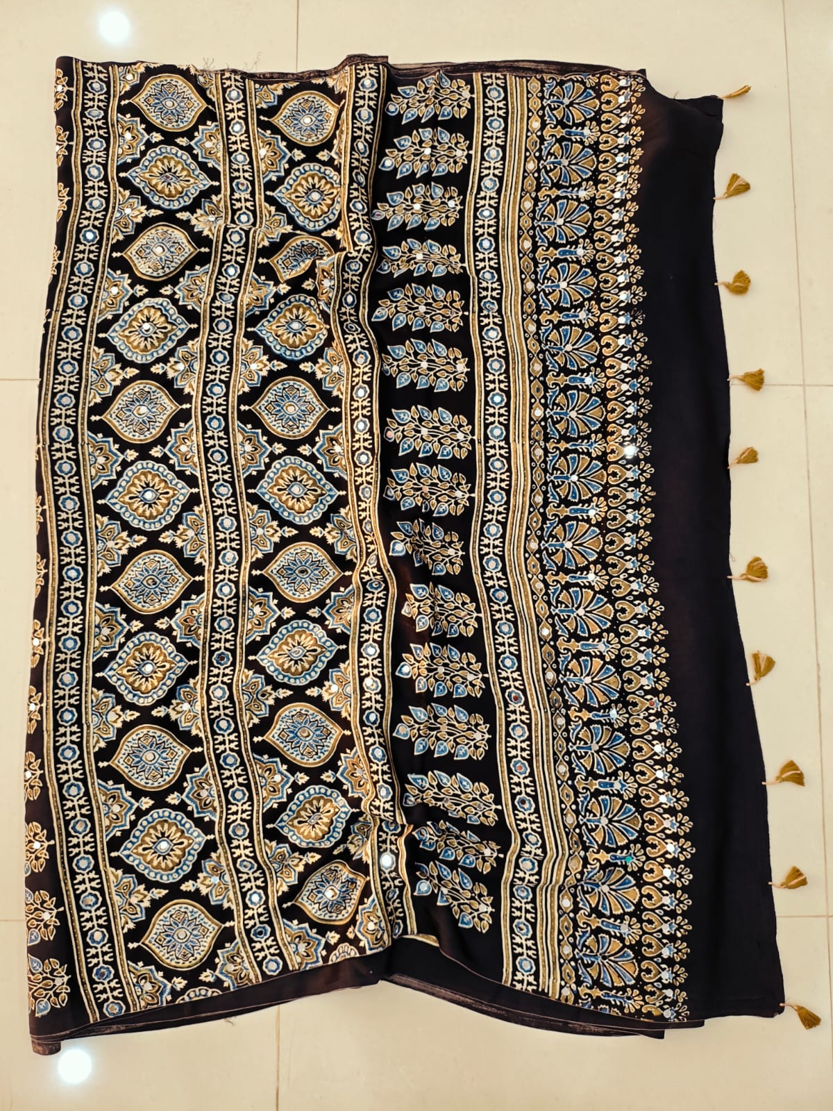 MIRROR WORK HAND BLOCK AJRAKH MODAL SILK SAREE WITH BLOUSE (CIV3)
