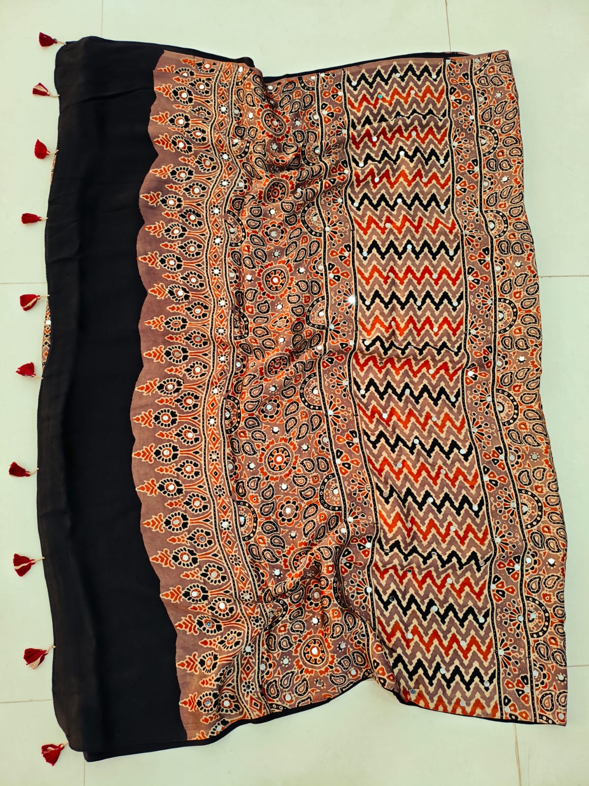 MIRROR WORK HAND BLOCK AJRAKH MODAL SILK SAREE WITH BLOUSE (CIV5)