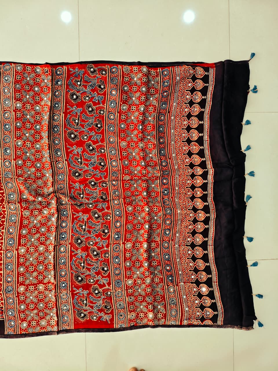 MIRROR WORK HAND BLOCK AJRAKH MODAL SILK SAREE WITH BLOUSE (CIV8)