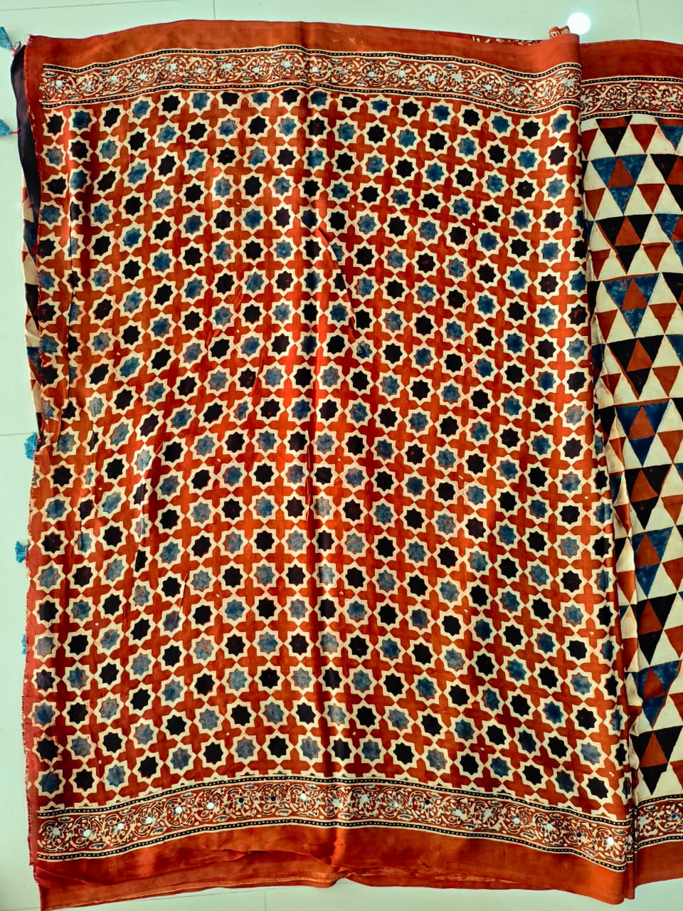 MIRROR WORK HAND BLOCK AJRAKH MODAL SILK SAREE WITH BLOUSE (CIV9)