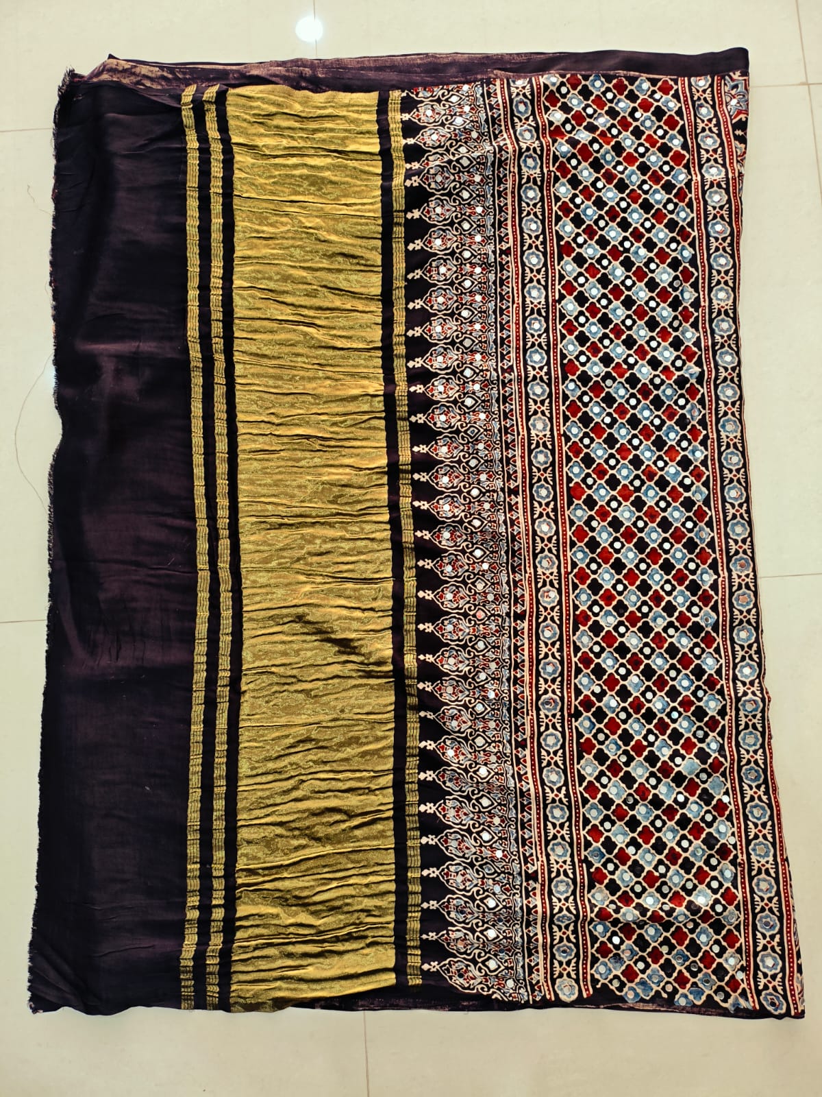 MIRROR WORK HAND BLOCK AJRAKH MODAL SILK SAREE WITH BLOUSE (CIV12)