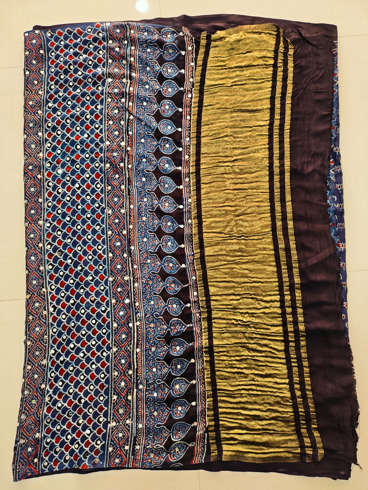MIRROR WORK HAND BLOCK AJRAKH MODAL SILK SAREE WITH BLOUSE (CIV15)