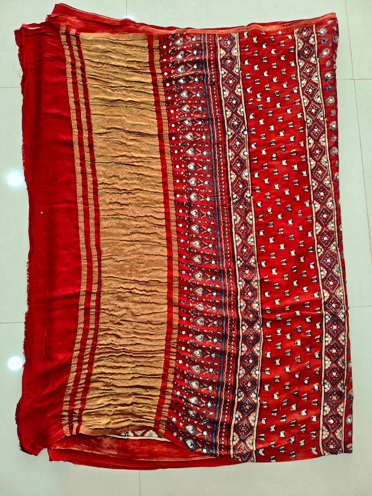 MIRROR WORK HAND BLOCK AJRAKH MODAL SILK SAREE WITH BLOUSE (CIV16)