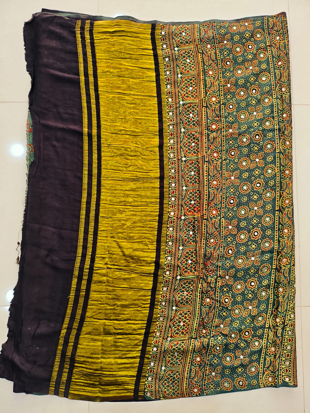 MIRROR WORK HAND BLOCK AJRAKH MODAL SILK SAREE WITH BLOUSE (CIV17)