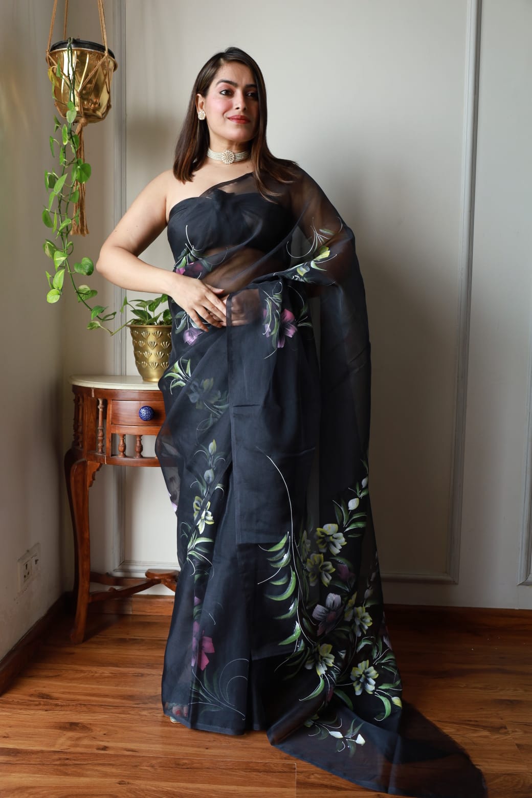 HAND BURSH PAINTED ORGANZA SILK SAREE WITH BLOUSE (CIB38)