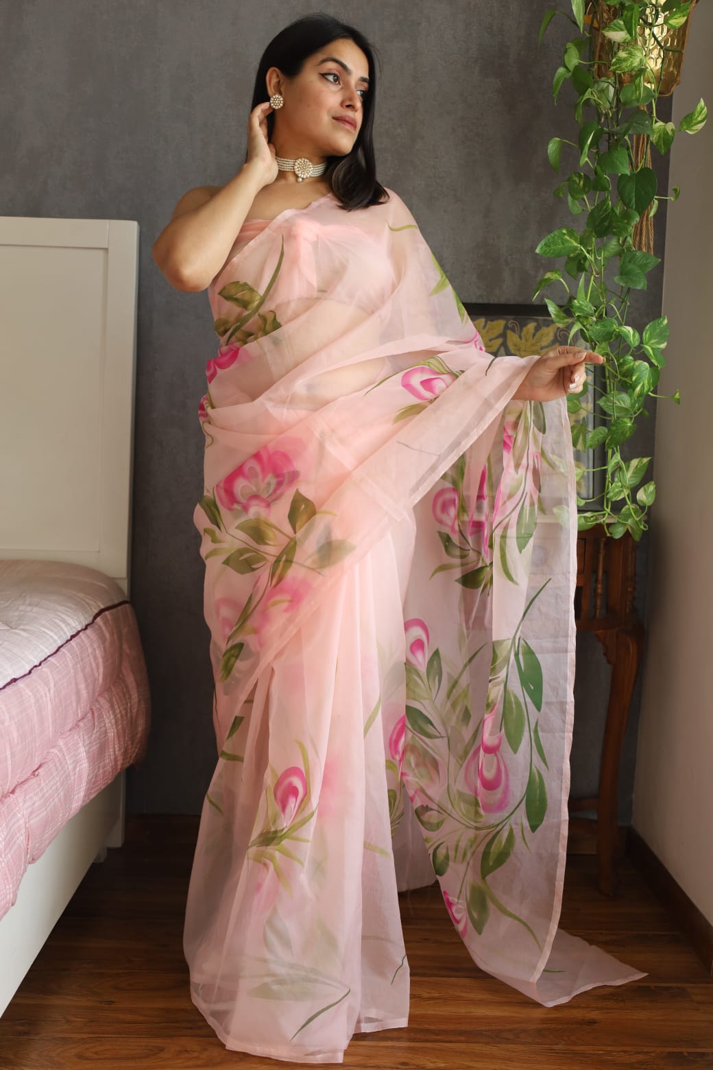 HAND BURSH PAINTED ORGANZA SILK SAREE WITH BLOUSE (CIB40)