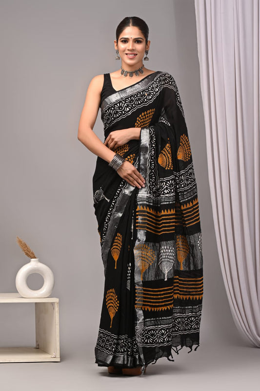 HAND BLOCK BLACK & WHITE PRINTED COTTON LINEN SAREE WITH BLOUSE  (LCS5)