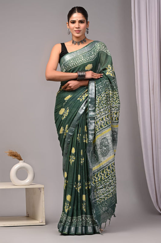 HAND BLOCK DABU PRINTED COTTON LINEN SAREE WITH BLOUSE (LCS3)