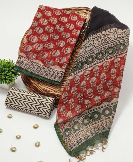 HAND BLOCK PRINTED KOTA DORIYA SUIT WITH KOTA DORIYA DUPPATA (FKS7)