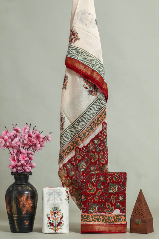 JAIPURI HAND BLOCK PRINTED MAHESHWARI SILK SUIT WITH SILK DUPPATA (MSD1)