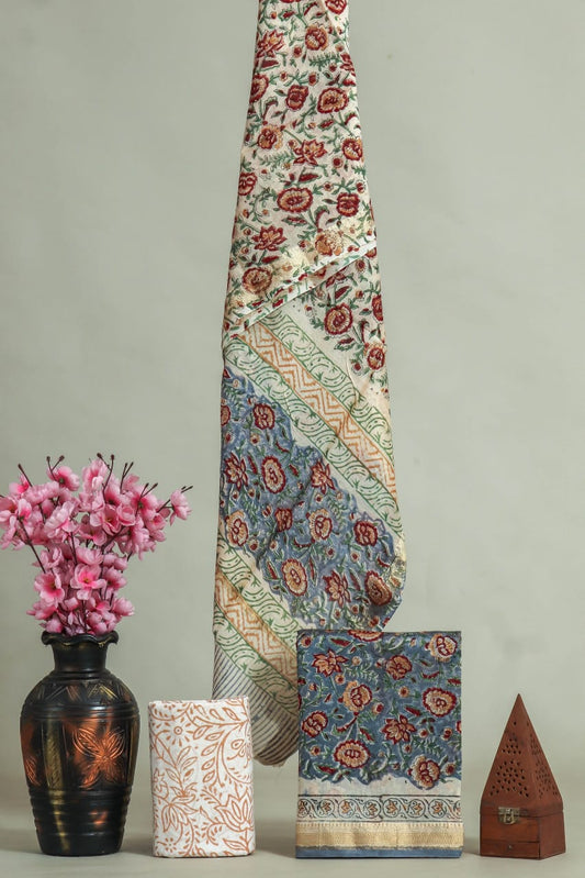 JAIPURI HAND BLOCK PRINTED MAHESHWARI SILK SUIT WITH SILK DUPPATA (MSD2)