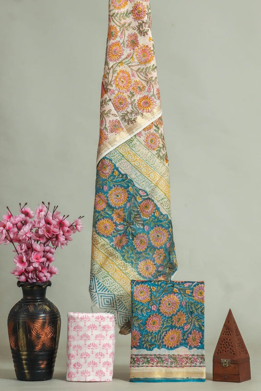 JAIPURI HAND BLOCK PRINTED MAHESHWARI SILK SUIT WITH SILK DUPPATA (MSD3)