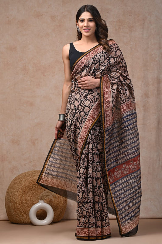 Bagru Hand Block Printed Chanderi Silk Saree with Blouse (CSS21)