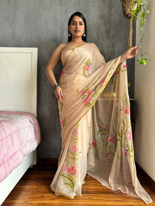 Hand Brush Painted Chiffon Saree with Blouse ( CIA7)