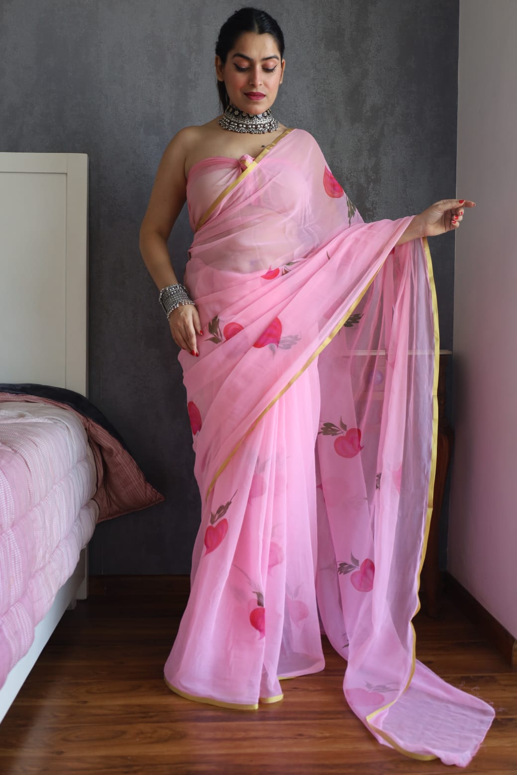 Hand Brush Painted Chiffon Saree with Blouse ( CIA15)