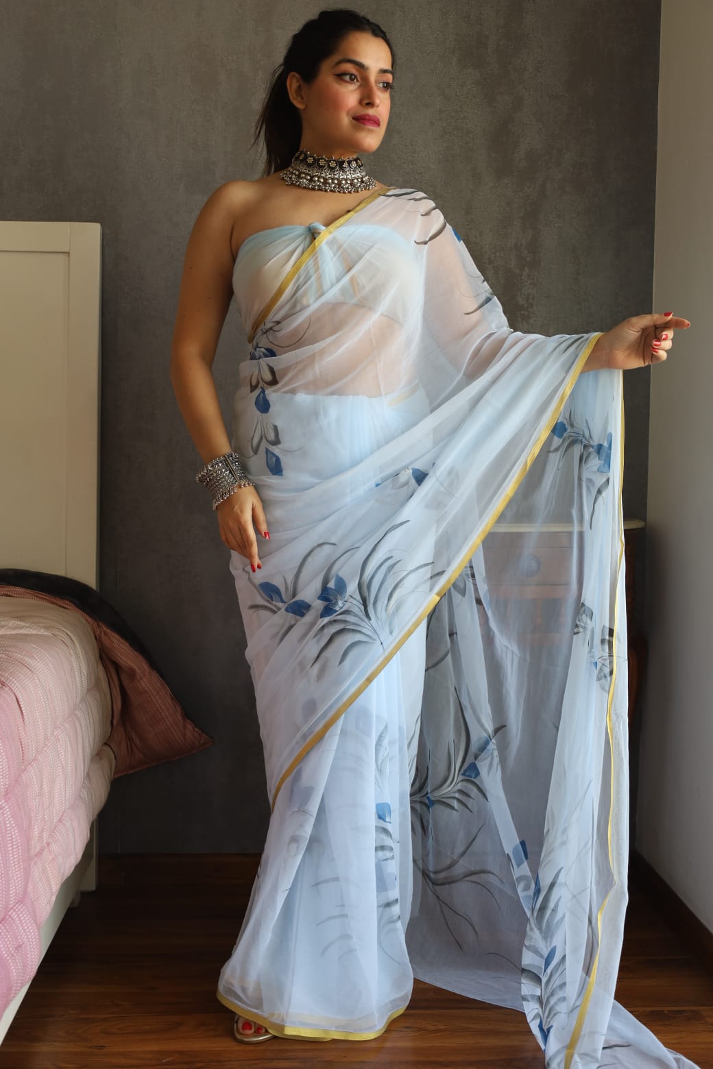 Hand Brush Painted Chiffon Saree with Blouse ( CIA17)