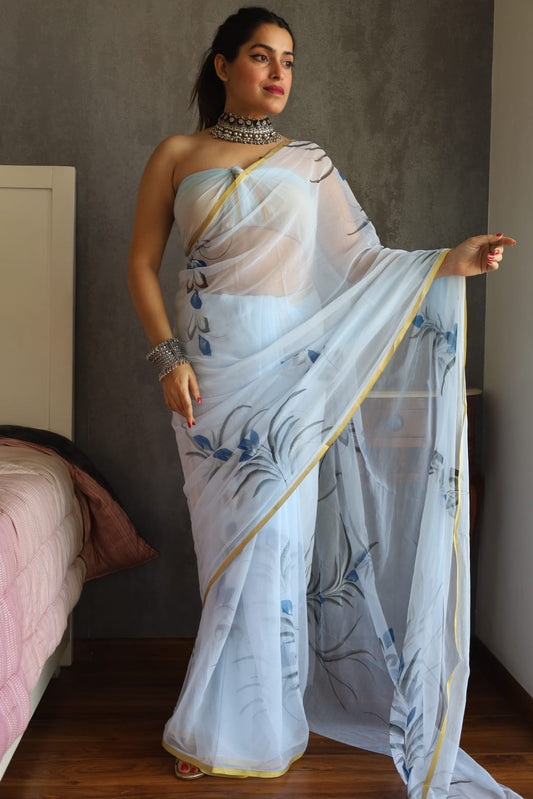 Hand Brush Painted Chiffon Saree with Blouse ( CIA17)