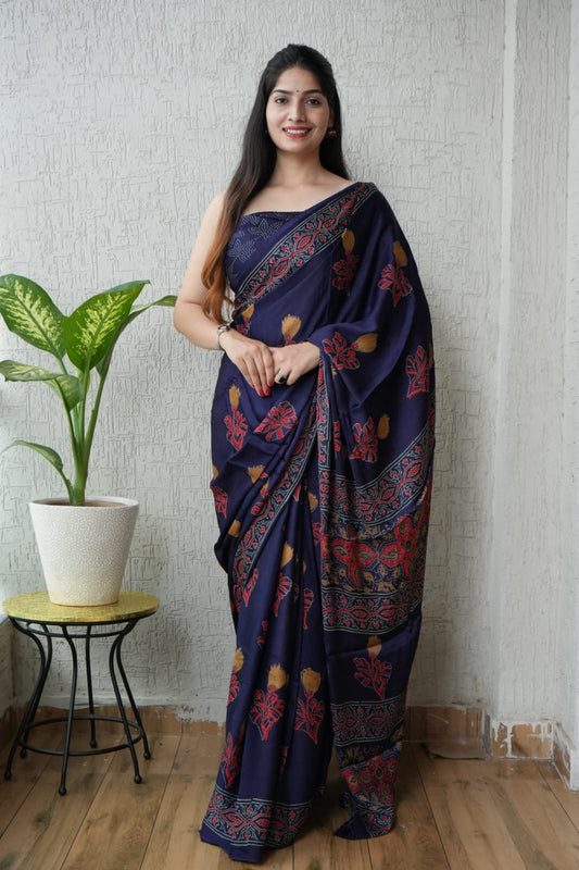 Ajrakh Hand Block Bagru Vanspati Printend Modal Silk Saree with Blouse (CID4)