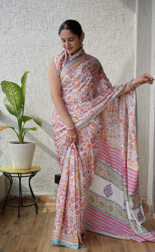 Ajrakh Hand Block Bagru Vanspati Printend Modal Silk Saree with Blouse (CID5)