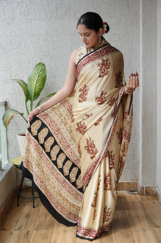 Ajrakh Hand Block Bagru Vanspati Printend Modal Silk Saree with Blouse (CID7)