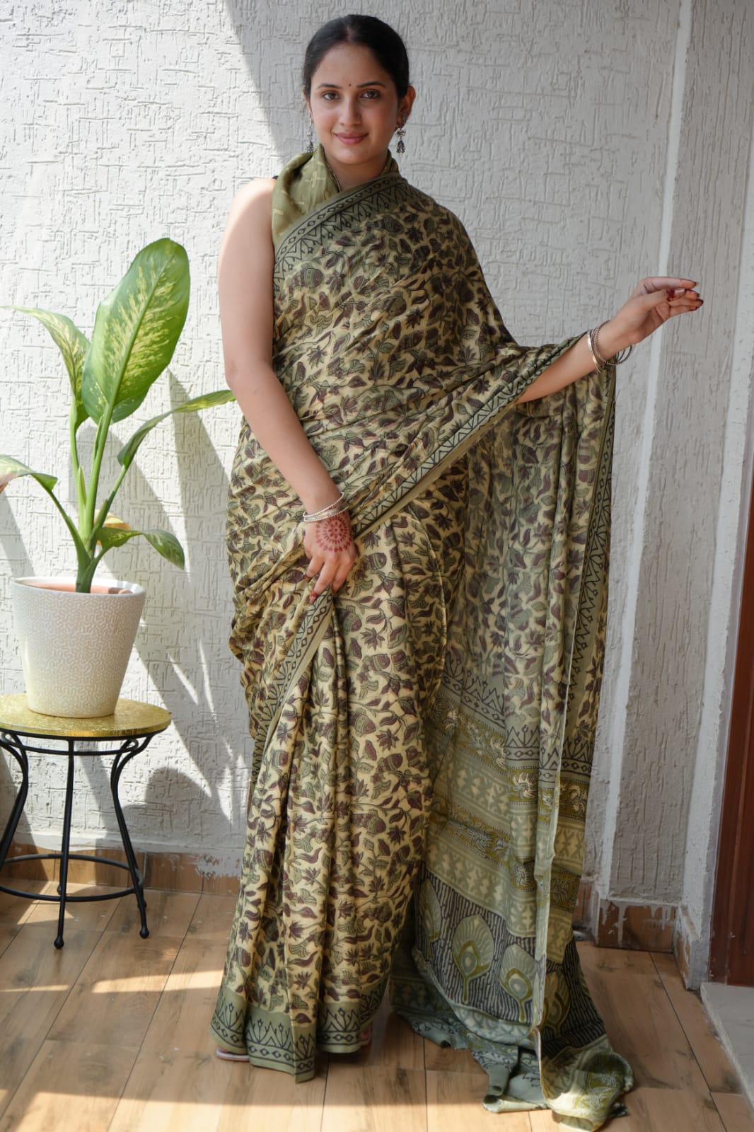 Ajrakh Hand Block Bagru Vanspati Printend Modal Silk Saree with Blouse (CID11)