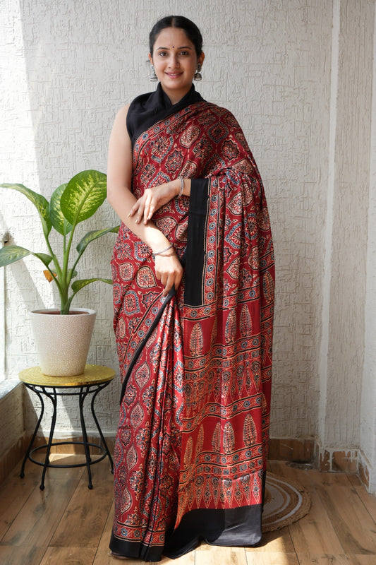 HAND BLOCK PRINTED AJARKH MODAL SILK SAREE (CIG3)