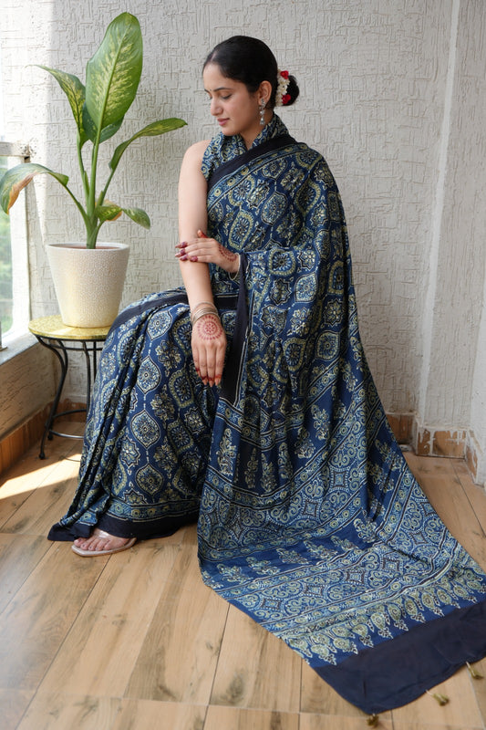 HAND BLOCK PRINTED AJARKH MODAL SILK SAREE (CIG9)
