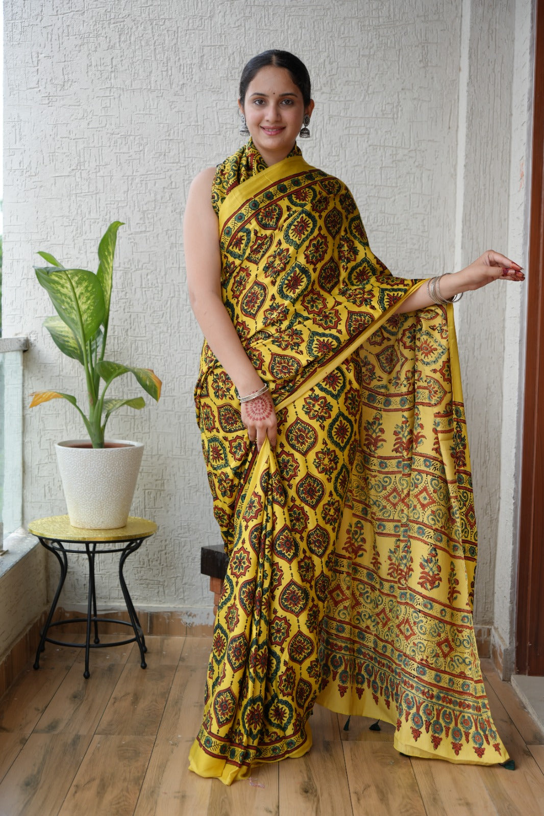 HAND BLOCK PRINTED AJARKH MODAL SILK SAREE (CIG12)