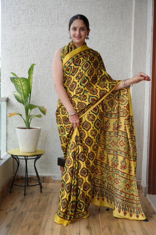 HAND BLOCK PRINTED AJARKH MODAL SILK SAREE (CIG12)