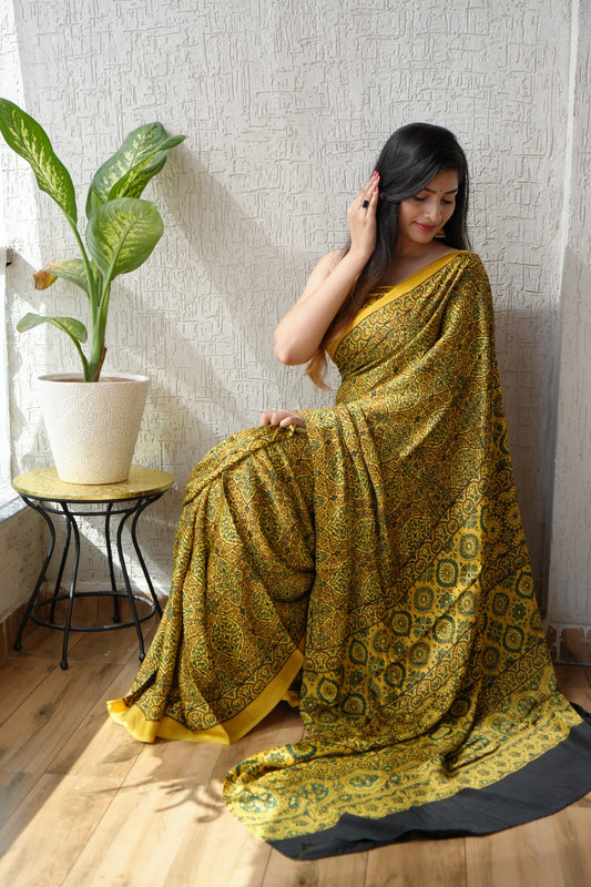 HAND BLOCK PRINTED AJARKH MODAL SILK SAREE (CIG15)