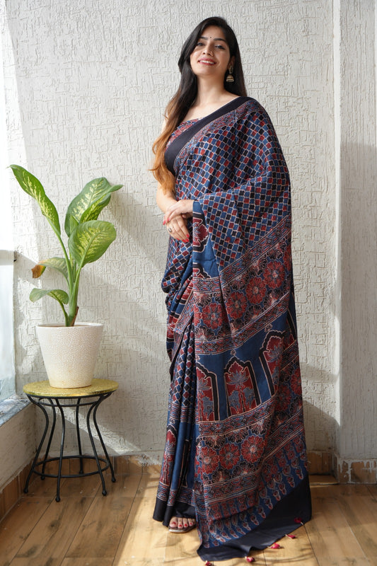 HAND BLOCK PRINTED AJARKH MODAL SILK SAREE (CIG17)
