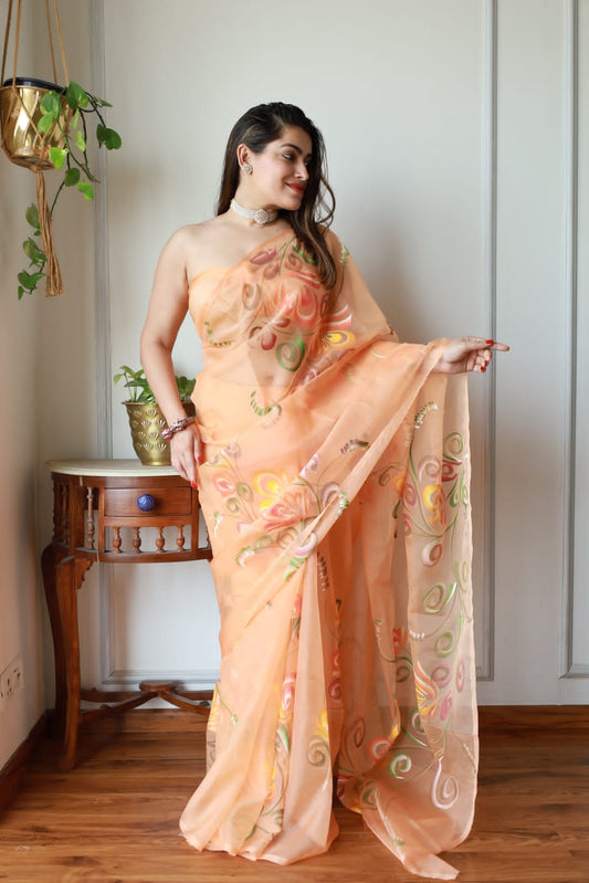 HAND BURSH PAINTED ORGANZA SILK SAREE WITH BLOUSE (CIB4)