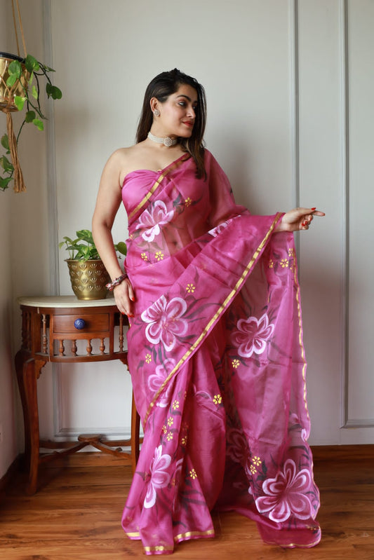 HAND BURSH PAINTED ORGANZA SILK SAREE WITH BLOUSE (CIB5)