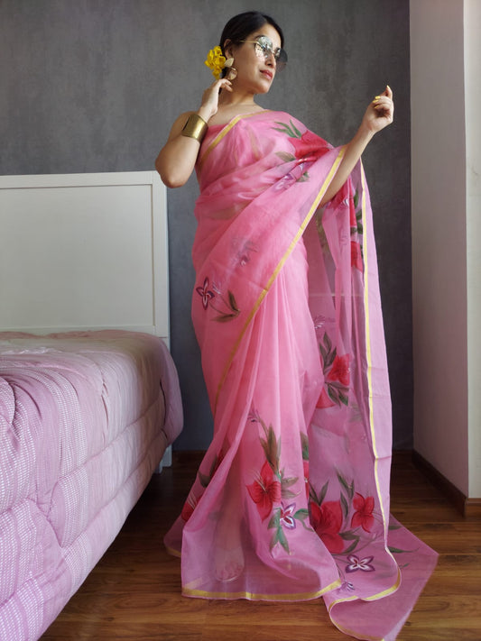 HAND BURSH PAINTED ORGANZA SILK SAREE WITH BLOUSE (CIB12)