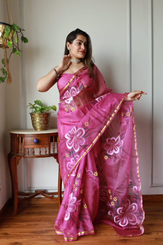 HAND BURSH PAINTED ORGANZA SILK SAREE WITH BLOUSE (CIB13)
